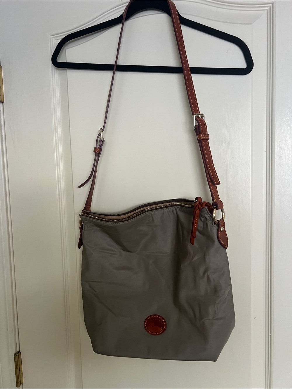 Dooney & Bourke Taupe Nylon Shoulder Bag with Brown Leather Trim